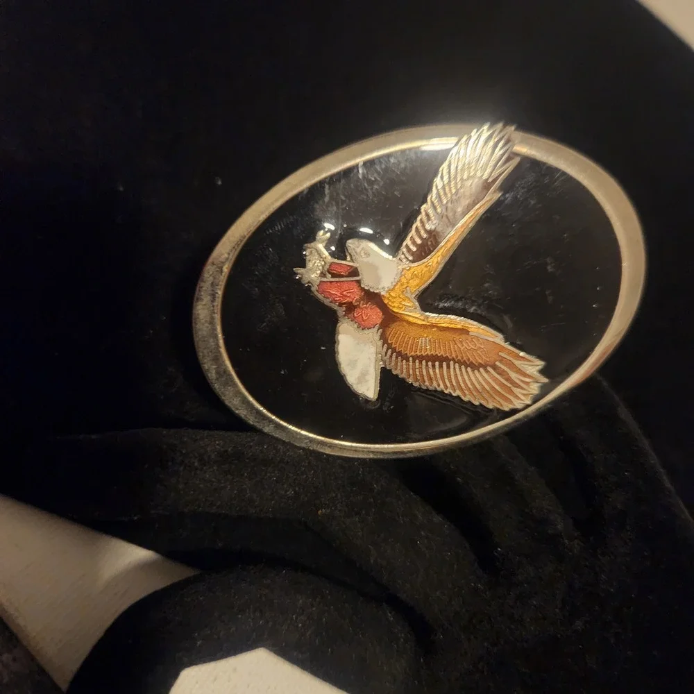 Vintage Soaring Eagle Bolo Black Enamel‎ Silver Tone Oval Western Americana